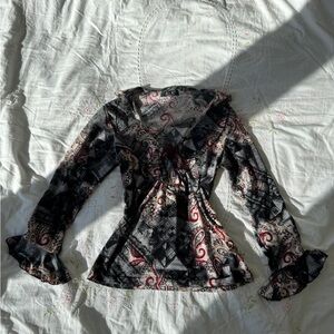 Y2K EURO Red Black Graphic Lace Up Mesh Top T1 (Fits S–M)